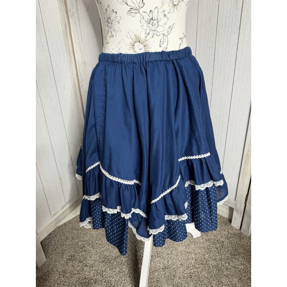 Vintage Square Dance Rockabilly Blue White Tiered Skirt Polka Dot Size Medium